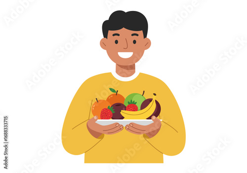 Smiling person happily holding a vibrant bowl brimming with fresh, healthy fruits like strawberries, bananas, and apples for a nutritious lifestyle.