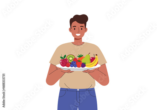 Happy person presenting a vibrant plate overflowing with fresh, healthy fruits promoting wellness and a balanced diet