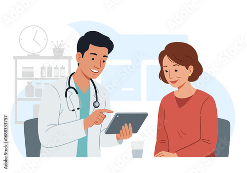 Kind doctor consults patient showing digital tablet results, fostering trust and clear communication in a modern medical setting.