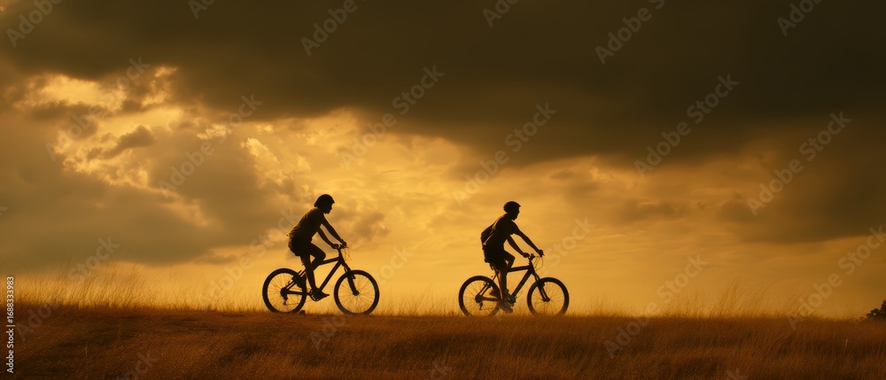 Obraz premium Two people ride bicycles across a grassy field during a dramatic golden sunset with dark clouds above