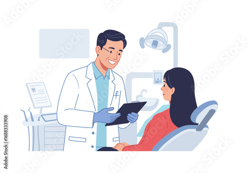 Friendly dentist consults patient in modern dental clinic, discussing treatment plan with clipboard and gentle smile.