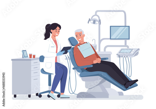 Professional dentist reassuring patient during gentle dental examination in modern clinic setting, promoting oral health and trust