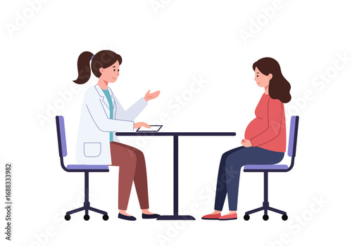 Caring doctor discusses pregnancy health with expectant mother during consultation in a modern clinic setting