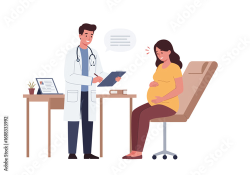 Pregnant woman consults with caring doctor in medical office, discussing health and wellness for new life