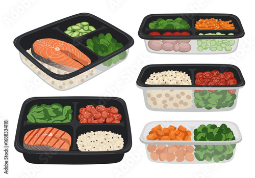 Convenient healthy meal prep containers filled with delicious salmon, rice, vegetables, and beans for busy lifestyles