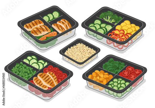 Fresh healthy meals prepared in portable containers ready for busy modern lifestyles and effective diet planning