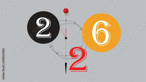 Creative Happy New Year 2026 illustration with colorful numbers  placed around a stylish modern clock, minimal gray background, abstract design for celebration and party vibes.