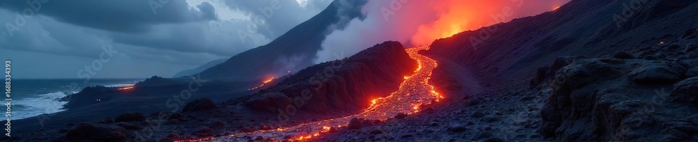 Fototapeta premium Fiery River of Molten Rock Dramatic Lava Flow on a Hawaiian Volcano Slope