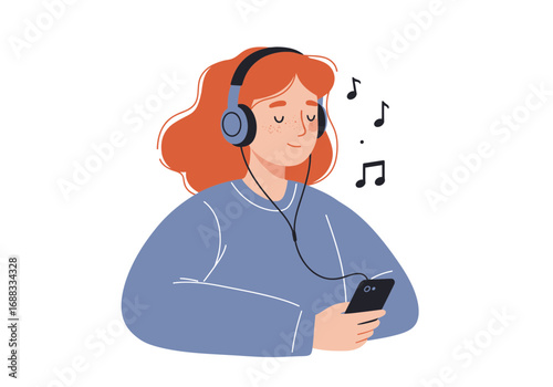 Joyful young woman with red hair enjoying music on her phone wearing headphones, feeling happy and relaxed with musical notes floating.