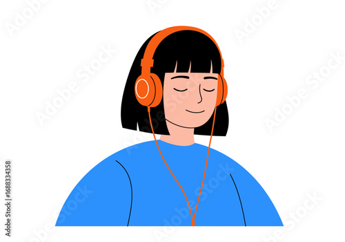 Young person peacefully enjoying music with closed eyes wearing vibrant orange headphones and a blue shirt, conveying relaxation and joy.