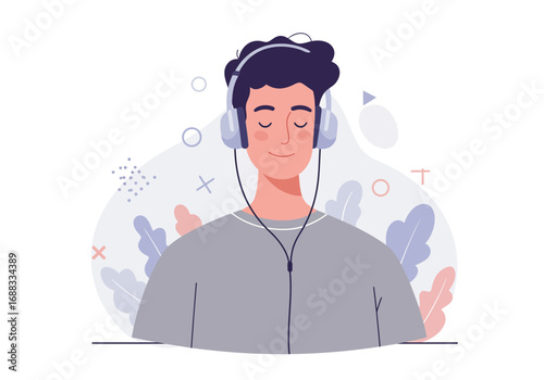 Young man serenely listening to music with eyes closed, enjoying immersive sound and peaceful vibes, perfect for relaxation and digital lifestyle content.