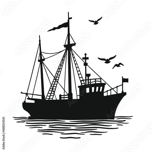 Black silhouette of a fishing boat with seagulls black and white