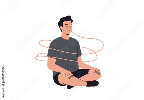 Young man meditating peacefully, finding inner calm and mindfulness through deep breathing exercises in a serene state of relaxation