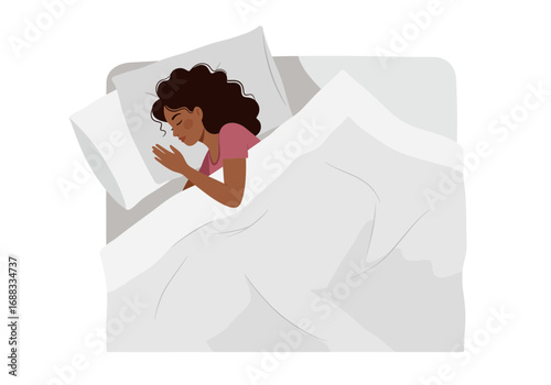 Peaceful young woman sleeping soundly in cozy bed, dreaming of restful night and sweet slumber.