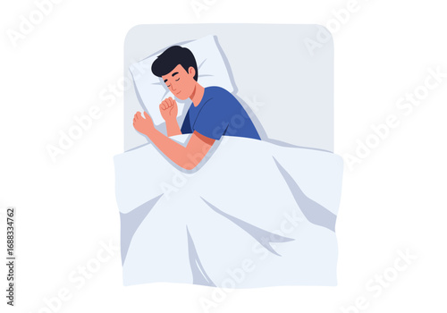 Young man peacefully sleeping deeply covered in soft white bedding, embracing restful slumber and serene dreams for ultimate relaxation and well-being.