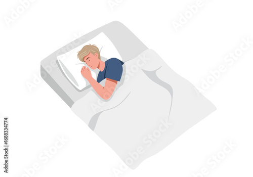 Young man peacefully sleeping under white duvet on comfortable pillow, embracing deep rest and rejuvenation
