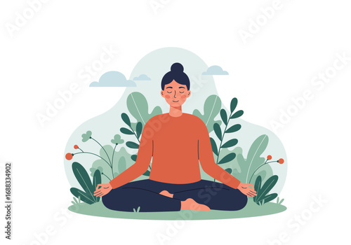 Person finding inner peace meditating outdoors surrounded by lush foliage and soft clouds, embracing tranquility and mindfulness