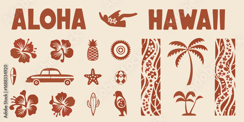 Aloha hawaii tropical paradise collection of icons and symbols with palm trees and hibiscus flowers