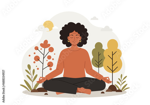 Serene woman finds inner peace meditating outdoors amidst stylized trees and gentle sunlit clouds, embracing mindfulness and calm.