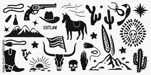 Collection of western cowboy outlaw elements silhouette icons including horse cowboy hat gun skull cactus mountains and boots