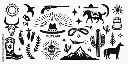 Collection of black and white western cowboy outlaw icons and symbols for design