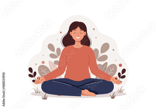 Serene woman finding inner peace through meditation, embracing calm and mindfulness in a tranquil natural setting, perfect for wellness promotion.