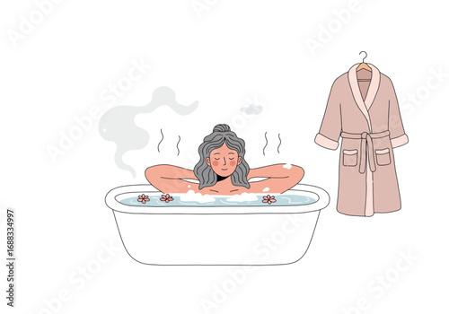 Woman relaxing in warm bubbly bath surrounded by steam and flowers, bathrobe nearby, perfect for self-care and wellness promotion