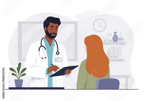 Caring doctor consults with patient, discussing health concerns and treatment plans in a modern medical office setting.