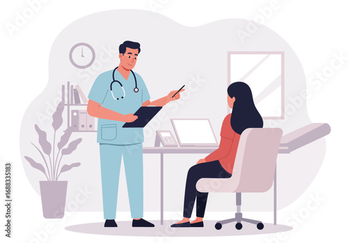 Confident doctor consults with patient, discussing medical report in modern, bright clinic setting for healthcare solutions