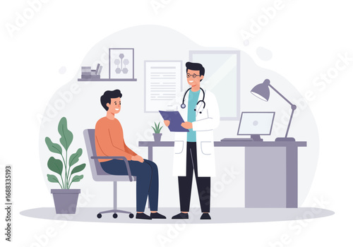 Confident doctor discusses patient health results in modern consultation room, fostering trust and well-being with professional care