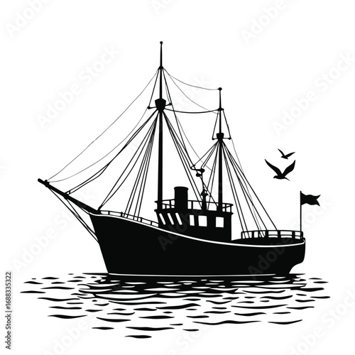 Black silhouette of a fishing trawler sailing on wavy water with birds