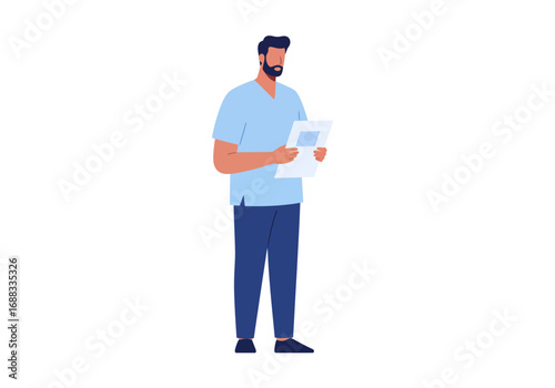 Confident professional man in scrubs holding document, planning healthcare strategy with focused expression and modern style