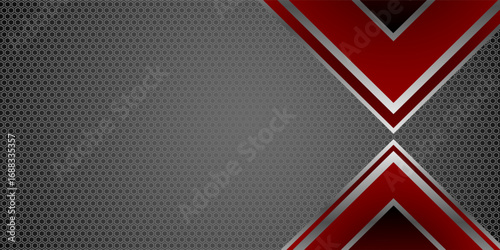 Abstract black and red polygons overlaid on dark steel mesh background with free space for design. modern technology innovation concept background