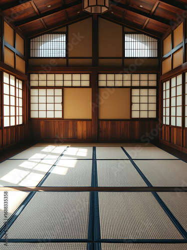 Oriental interior with tatami mats on floor, shoji windows. Traditional japanese dojo background for martial arts training meditation. Empty wooden room illuminated by sunlight. Asian architecture