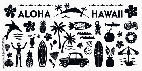 Aloha hawaii tropical vacation elements collection with palm trees surfboards and beach icons