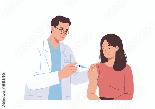 Caring doctor administering vaccine shot to patient, promoting health and wellness with gentle precision in a modern medical setting.
