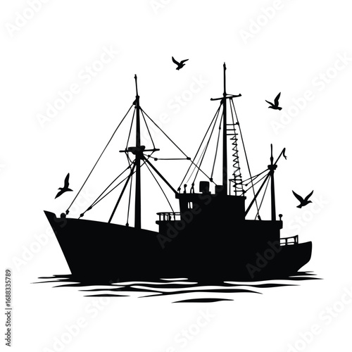 Black silhouette of a fishing trawler with seagulls