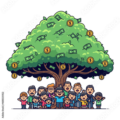 A cartoon vector of a large money tree protecting characters. This icon symbolizes financial security, generational wealth, and prosperity.
