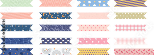 Colorful Washi Tape Patterns with Fruits and Decorative Designs. Set of decorative washi tape strips featuring fruit patterns, hearts, and colorful stripes