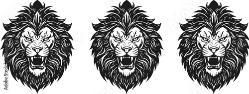 Lion head vector illustration, fierce animal design, tribal style artwork, aggressive expression, black ink sketch, bold graphic, tattoo inspiration, majestic beast