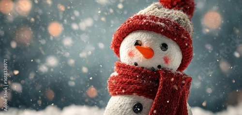 The cheerful snowman wearing a colorful scarf and knit hat in winter scenery.