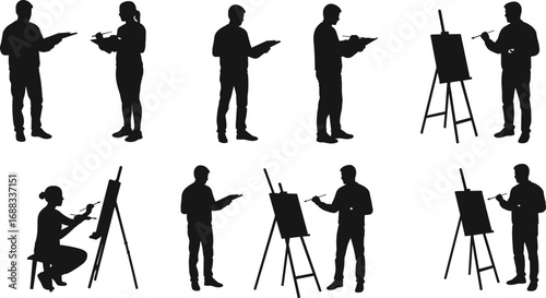 Artist painting silhouette collection, people drawing vector illustration, creative painter at easel poses, art design elements, artistic lifestyle icons, hobby activity graphics