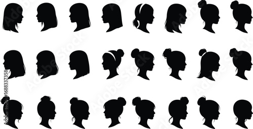 Female head silhouette collection, woman hairstyle vector illustration, girl profile icons, beauty design elements, stylish women portrait set, fashion lifestyle graphics
