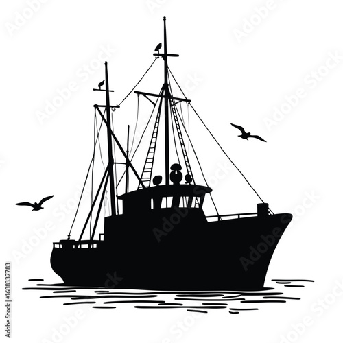 Black silhouette of a fishing trawler with seagulls