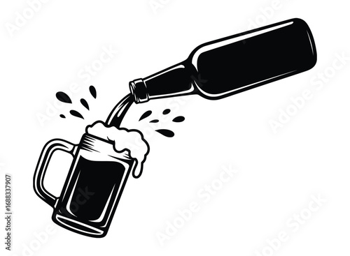 Black and white illustration of beer being poured from a bottle into a frothy mug