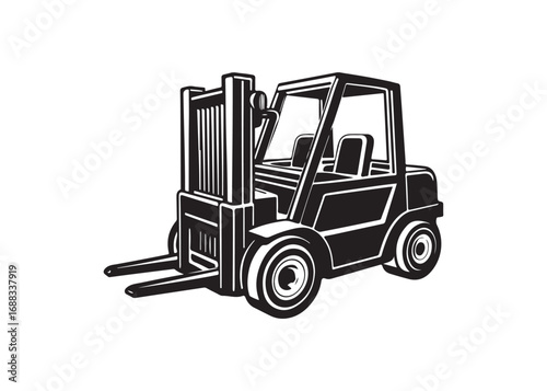 Black silhouette of a modern forklift truck vector illustration, industrial vehicle icon design for warehouse and logistics.