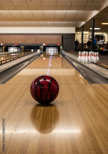 A dark-red bowling ball rests on a polished wooden lane, ready for a strike.