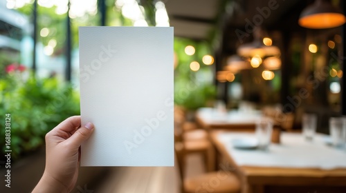 A hand holds a blank white sheet of paper in a cozy, modern restaurant with warm lighting and green plants in the background