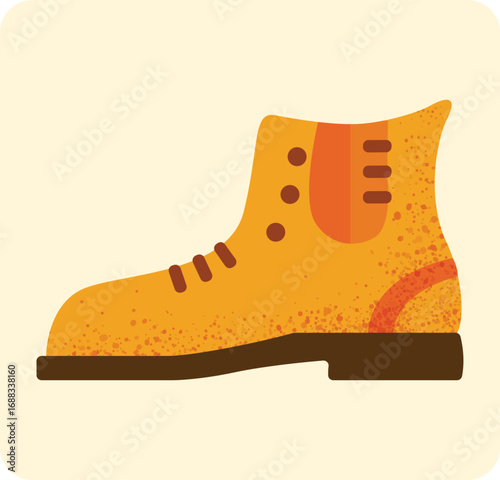 Brown leather boot with laces and textured details isolated on beige background. Minimalist flat style with sturdy sole and simple geometric form. Concept of footwear fashion, outdoor clothing.