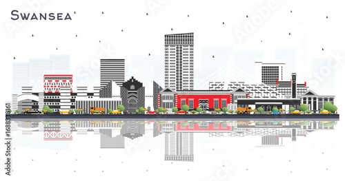 Swansea Wales City Skyline with Color Buildings and reflections Isolated on White. Swansea UK Cityscape with Landmarks. Business Travel and Tourism Concept with Historic Architecture.